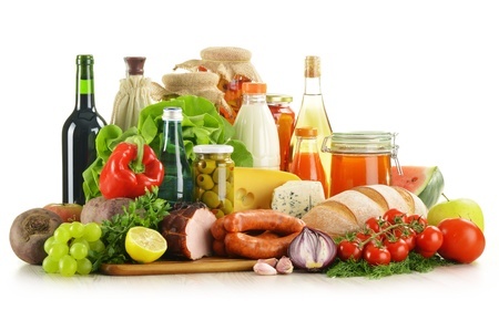variety of grocery products - vegetables, fruits, meat, dairy, wine