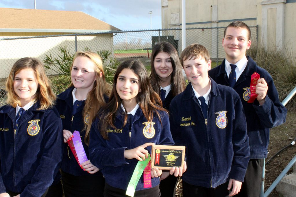 The Atwater FFA Agronomy team's Breanna Marcelino, Emily McCartney, Belinda Espinoza, Catalina Diaz, Kyle Yerrick, and Dillon Guillen showcase their awards for their 2nd place team finish.