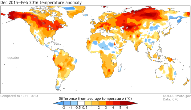 December 2015 – February 2016 surface temperature patterns, shown as the difference from the long-term mean. Climate.gov figure from CPC data. Click for large image
