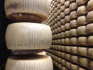 A wheel of Parmigiano-Reggiano manufactured in January 2014 with DOP marking and "Parmigiano-Reggiano" written vertically around the complete edge of the wheel. An official certification will be stamped into the central oval when it is graded.