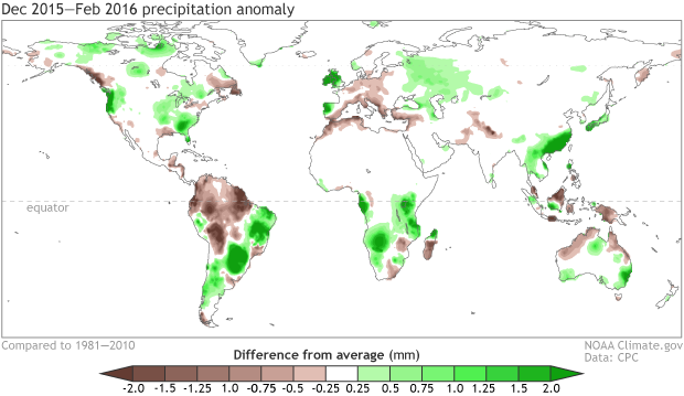 December 2015 – February 2016 rain and snow patterns, shown as the difference from the long-term mean. Climate.gov figure from CPC data. Large image.