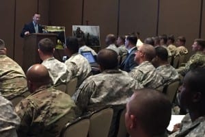 USDA Deputy Under Secretary Lanon Baccam talks futures in Ag for veterans to a packed house at a Ft. Bliss transitions summit in El Paso, Texas. (Photo courtesy CDFA)