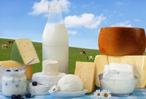 dairy products in glass containers and Cheese