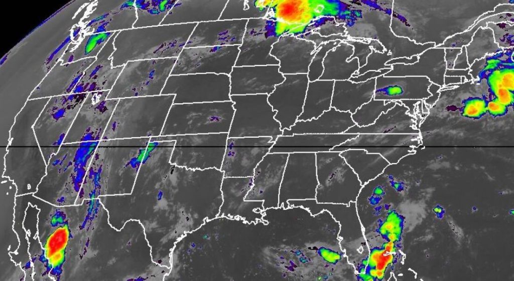A National Oceanic and Atmospheric Administration (NOAA) satellite image with enhanced low cloud-top temperatures.