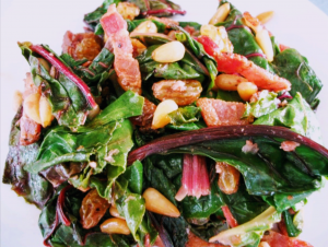 Braised and Baked Swiss Chard with Maple Peppered Bacon