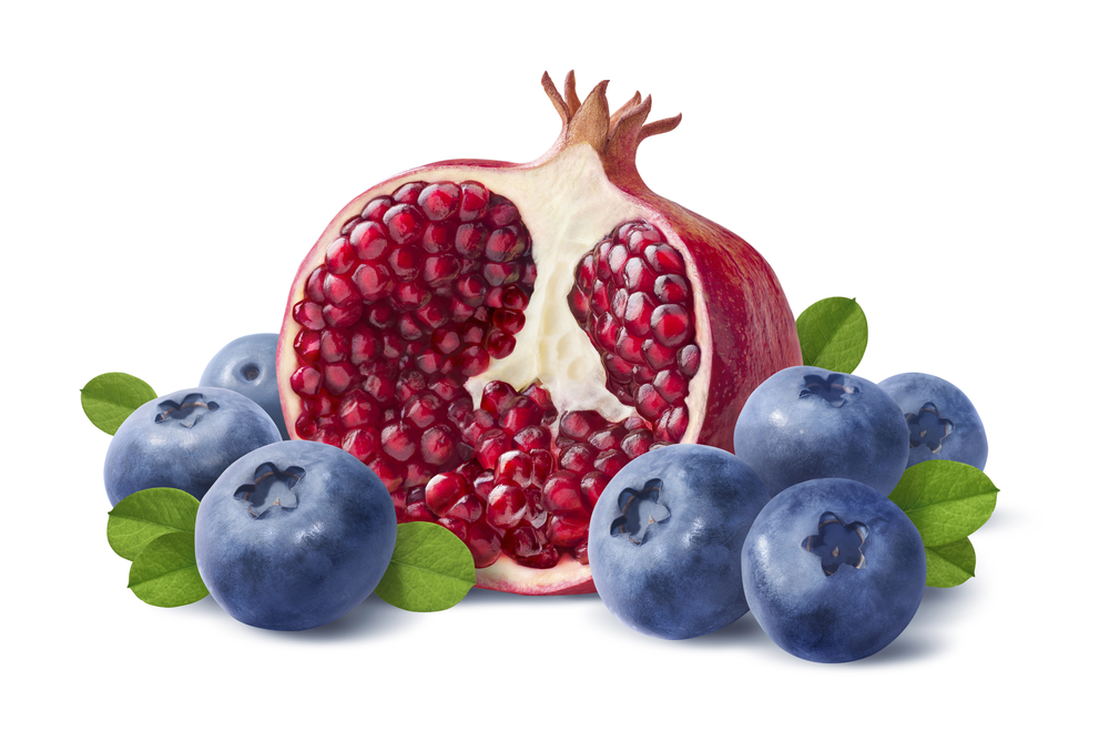 Blueberry and pomegranate half isolated on white background as package design element