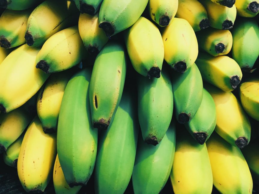 green banana beside yellow banana